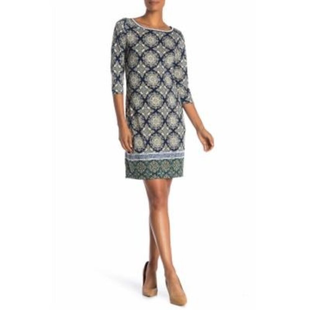 Max Studio Geometric Navy Quarter Sleeve Printed Mini Shift Dress NEW Large - Picture 1 of 8